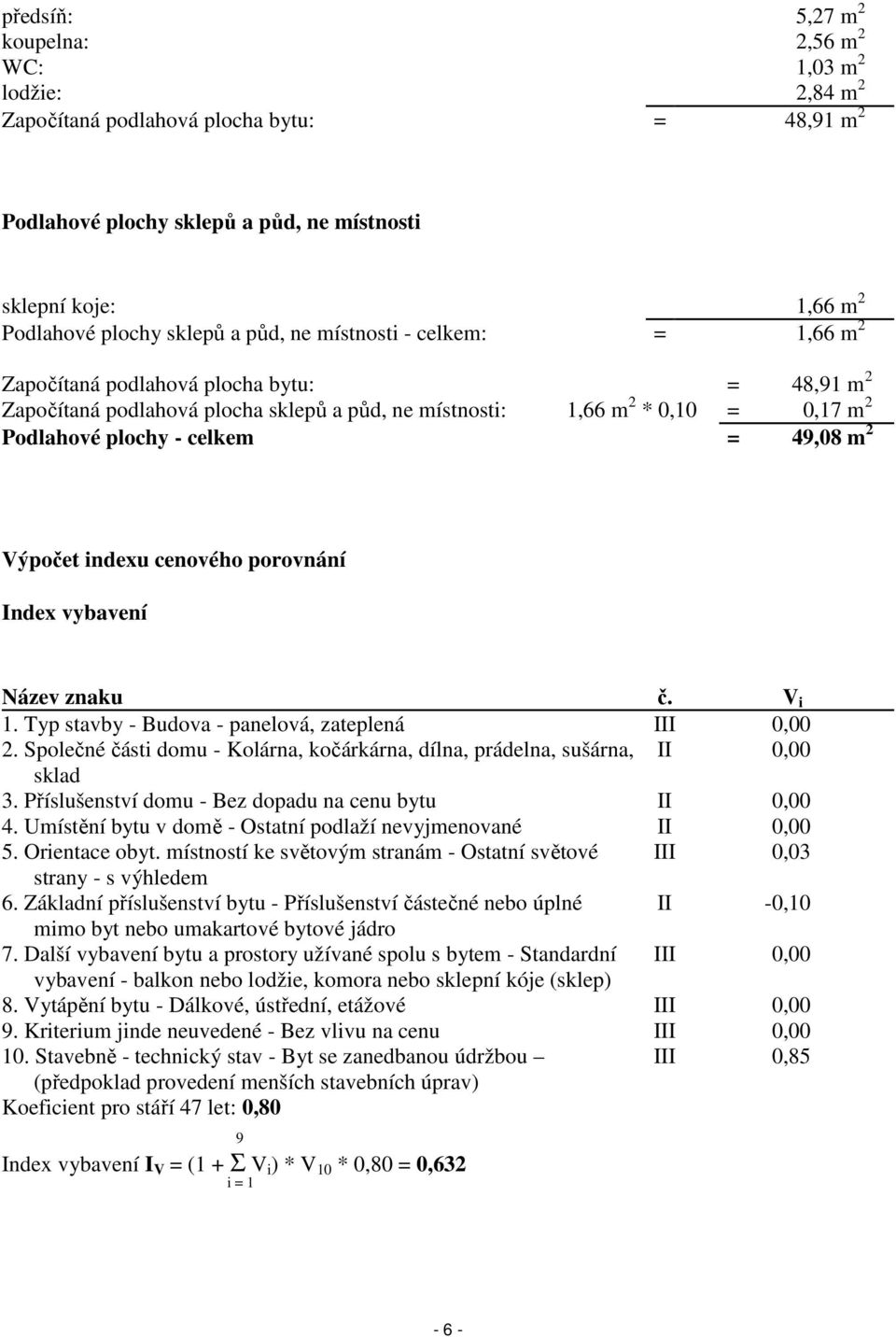 celkem = 49,08 m 2 Výpočet indexu cenového porovnání Index vybavení Název znaku č. V i 1. Typ stavby - Budova - panelová, zateplená III 0,00 2.