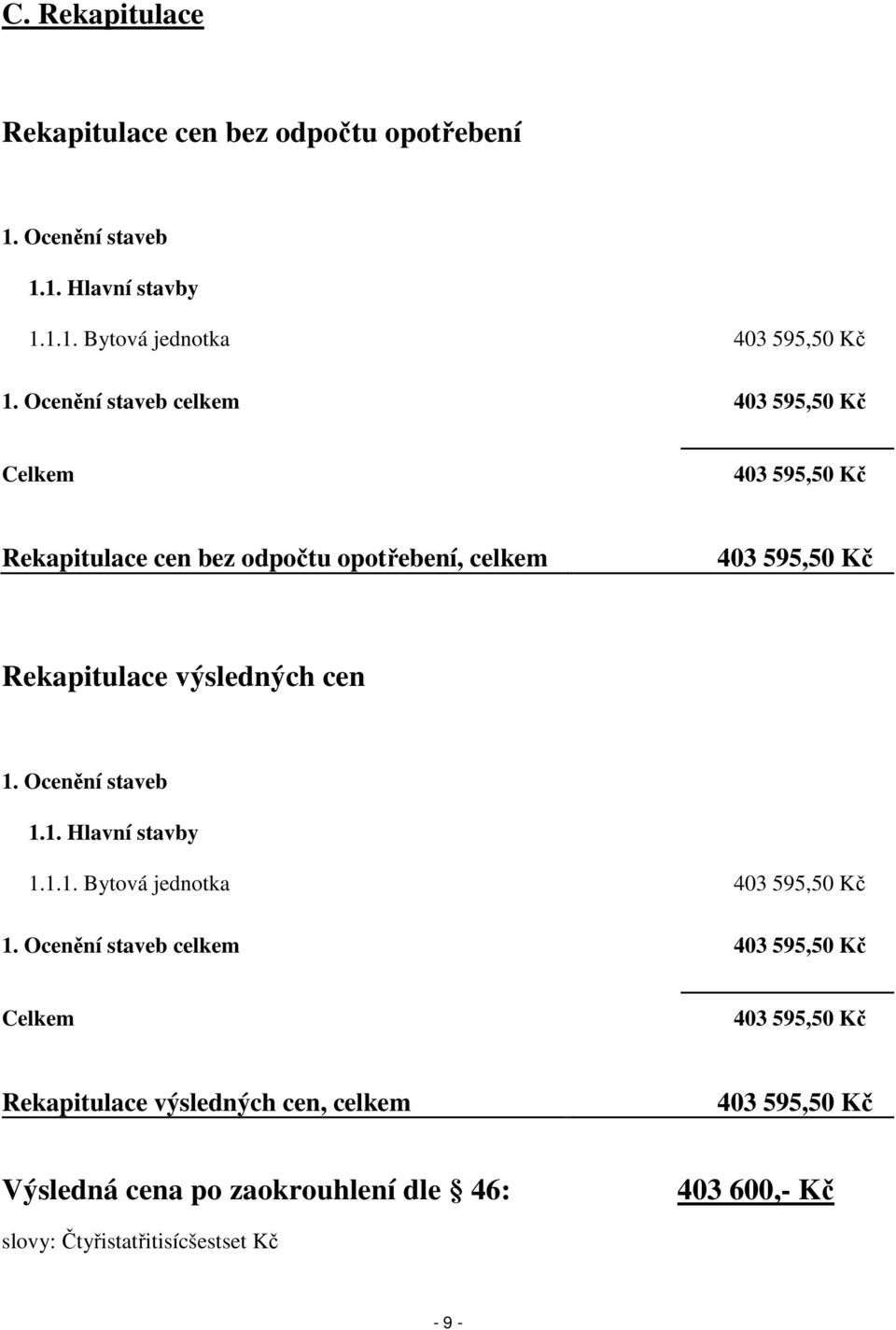 výsledných cen 1. Ocenění staveb 1.1. Hlavní stavby 1.1.1. Bytová jednotka 403 595,50 Kč 1.