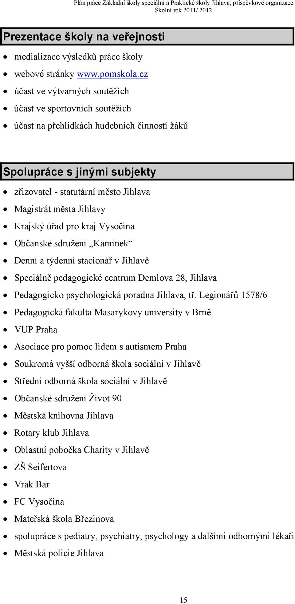 Krajský úřad pro kraj Vysočina Občanské sdružení Kamínek Denní a týdenní stacionář v Jihlavě Speciálně pedagogické centrum Demlova 28, Jihlava Pedagogicko psychologická poradna Jihlava, tř.