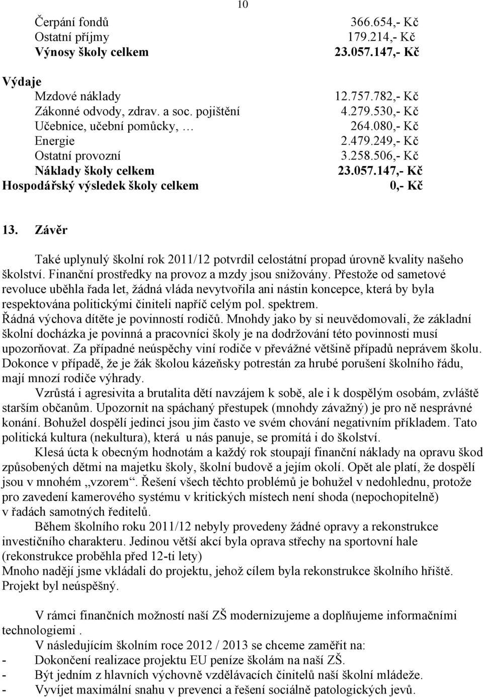 147,- Kč 0,- Kč 13. Závěr Také uplynulý školní rok 2011/12 potvrdil celostátní propad úrovně kvality našeho školství. Finanční prostředky na provoz a mzdy jsou snižovány.