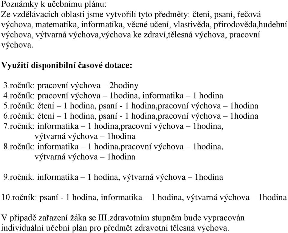 ročník: čtení 1 hodina, psaní - 1 hodina,pracovní výchova 1hodina 6.ročník: čtení 1 hodina, psaní - 1 hodina,pracovní výchova 1hodina 7.