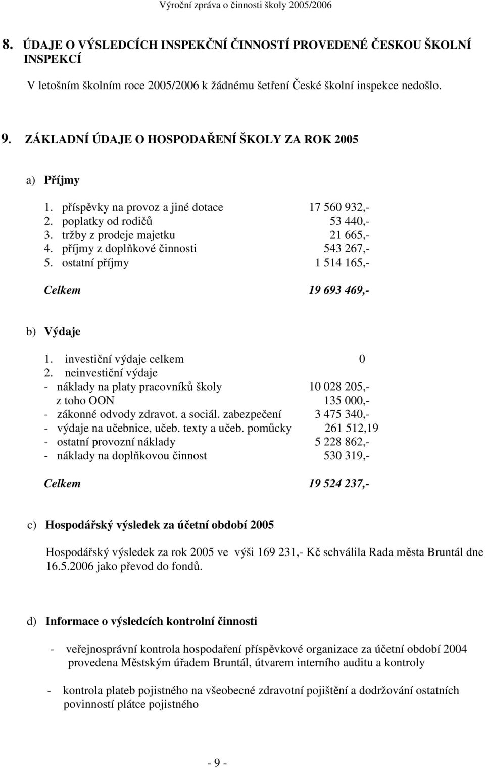 příjmy z doplňkové činnosti 543 267,- 5. ostatní příjmy 1 514 165,- Celkem 19 693 469,- b) Výdaje 1. investiční výdaje celkem 0 2.