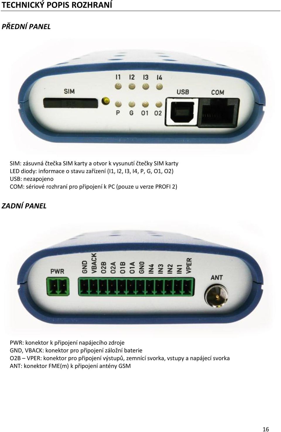 u verze PROFI 2) ZADNÍ PANEL PWR: konektor k připojení napájecího zdroje GND, VBACK: konektor pro připojení záložní