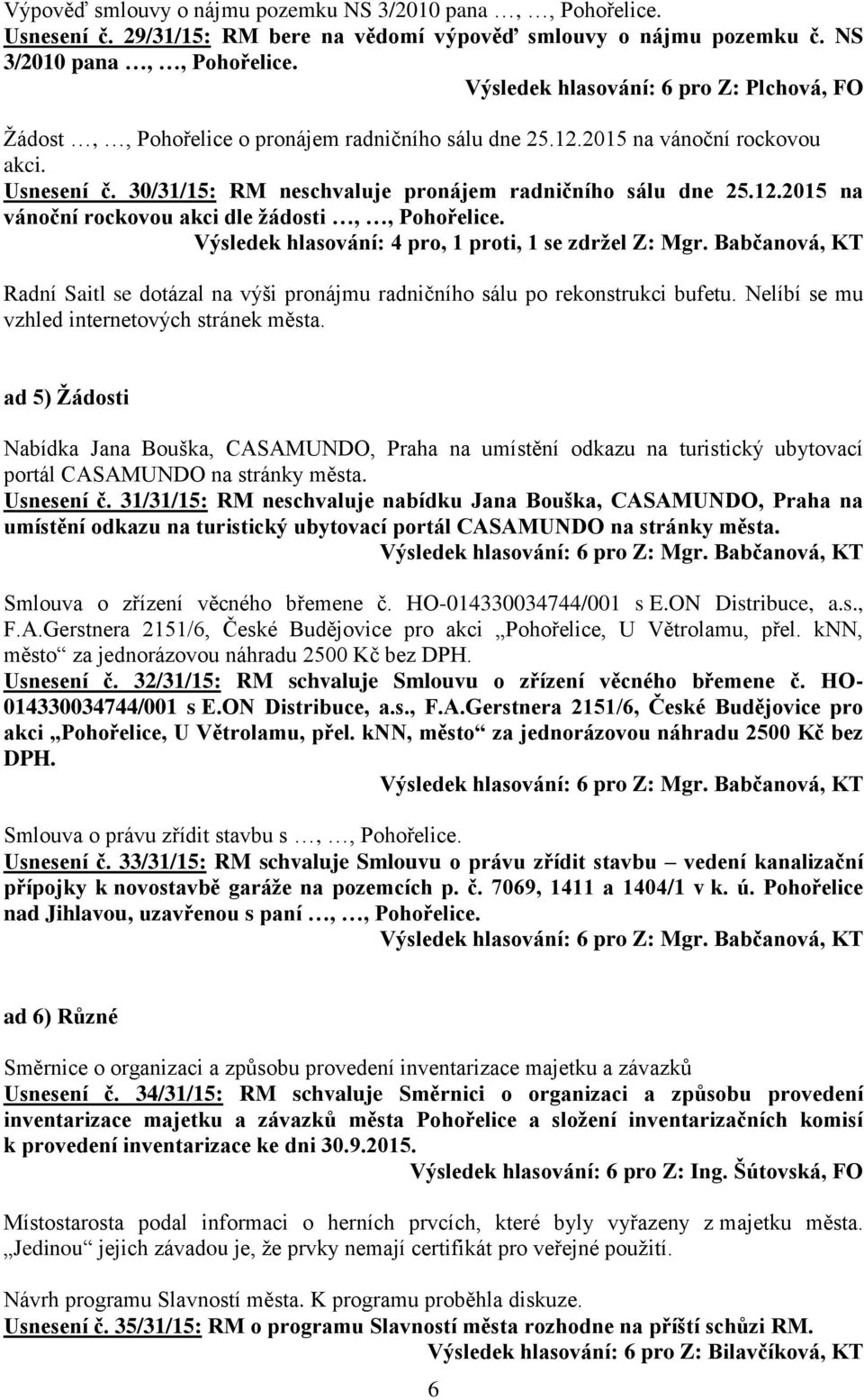 Výsledek hlasování: 4 pro, 1 proti, 1 se zdržel Z: Mgr. Babčanová, KT Radní Saitl se dotázal na výši pronájmu radničního sálu po rekonstrukci bufetu. Nelíbí se mu vzhled internetových stránek města.