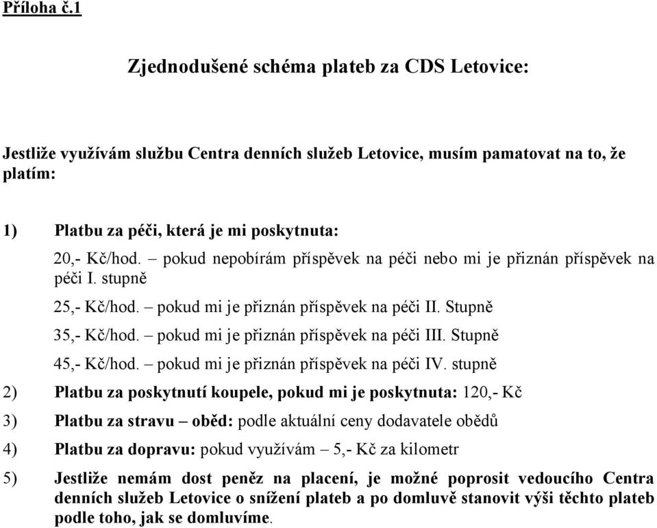 pokud nepobírám příspěvek na péči nebo mi je přiznán příspěvek na péči I. stupně 25,- Kč/hod. pokud mi je přiznán příspěvek na péči II. Stupně 35,- Kč/hod. pokud mi je přiznán příspěvek na péči III.