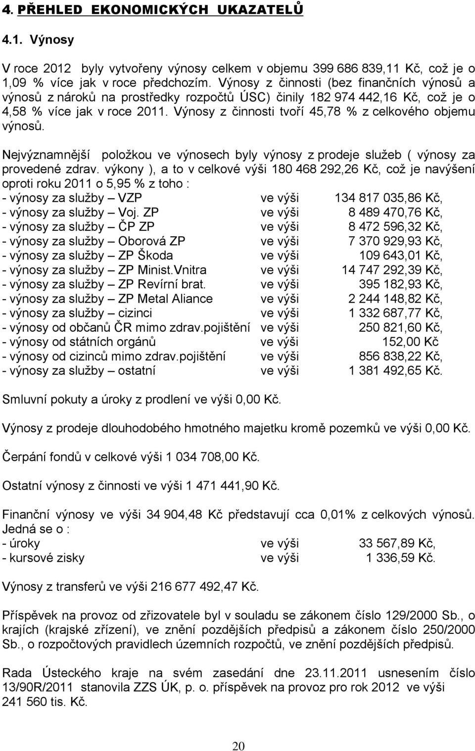 Výnosy z činnosti tvoří 45,78 % z celkového objemu výnosů. Nejvýznamnější položkou ve výnosech byly výnosy z prodeje služeb ( výnosy za provedené zdrav.