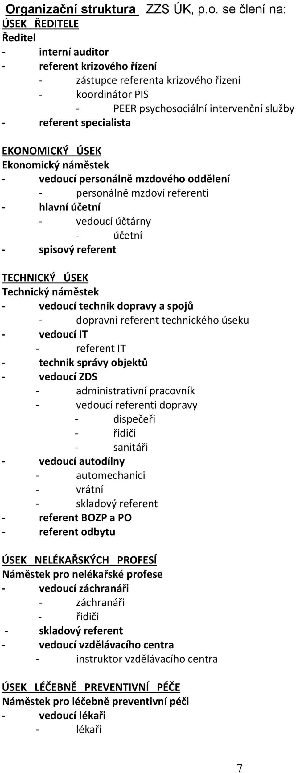 ÚSEK Ekonomický náměstek vedoucí personálně mzdového oddělení personálně mzdoví referenti hlavní účetní vedoucí účtárny účetní spisový referent TECHNICKÝ ÚSEK Technický náměstek vedoucí technik