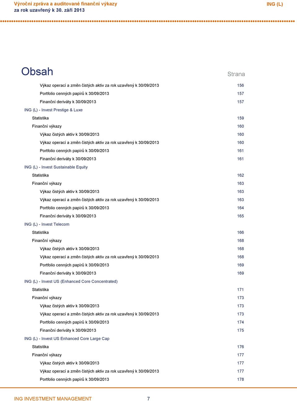 161 Invest Sustainable Equity Statistika 162 Finanční výkazy 163 Výkaz čistých aktiv k 30/09/2013 163 Výkaz operací a změn čistých aktiv za rok uzavřený k 30/09/2013 163 Portfolio cenných papírů k