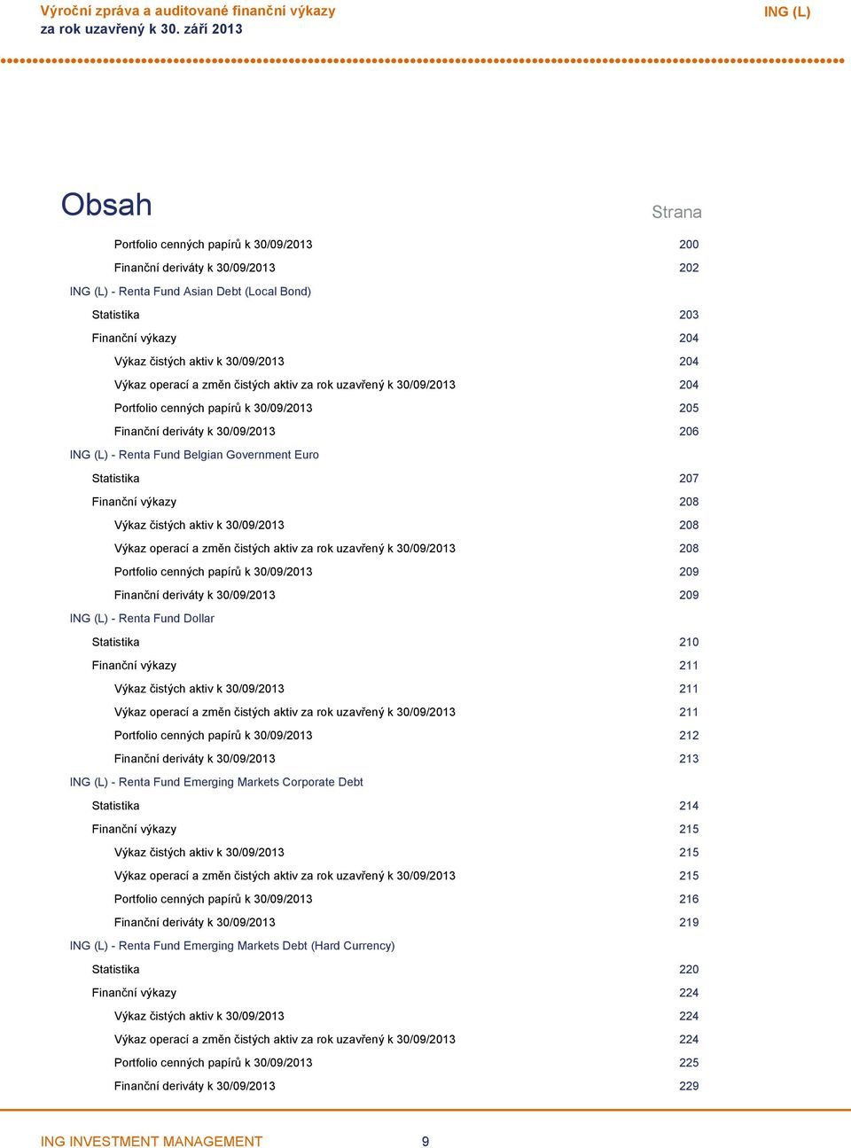 Finanční výkazy 208 Výkaz čistých aktiv k 30/09/2013 208 Výkaz operací a změn čistých aktiv za rok uzavřený k 30/09/2013 208 Portfolio cenných papírů k 30/09/2013 209 Finanční deriváty k 30/09/2013