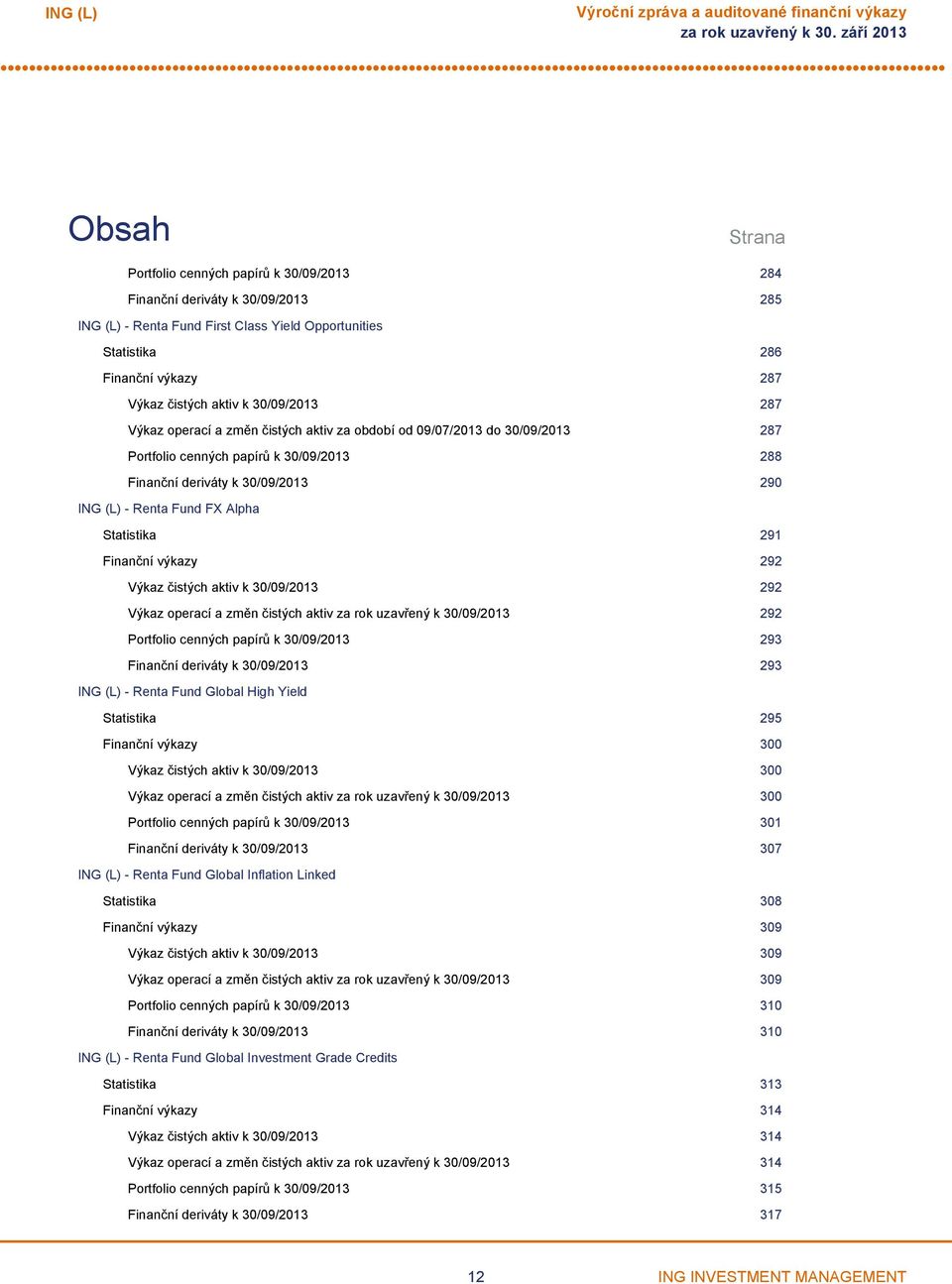 291 Finanční výkazy 292 Výkaz čistých aktiv k 30/09/2013 292 Výkaz operací a změn čistých aktiv za rok uzavřený k 30/09/2013 292 Portfolio cenných papírů k 30/09/2013 293 Finanční deriváty k