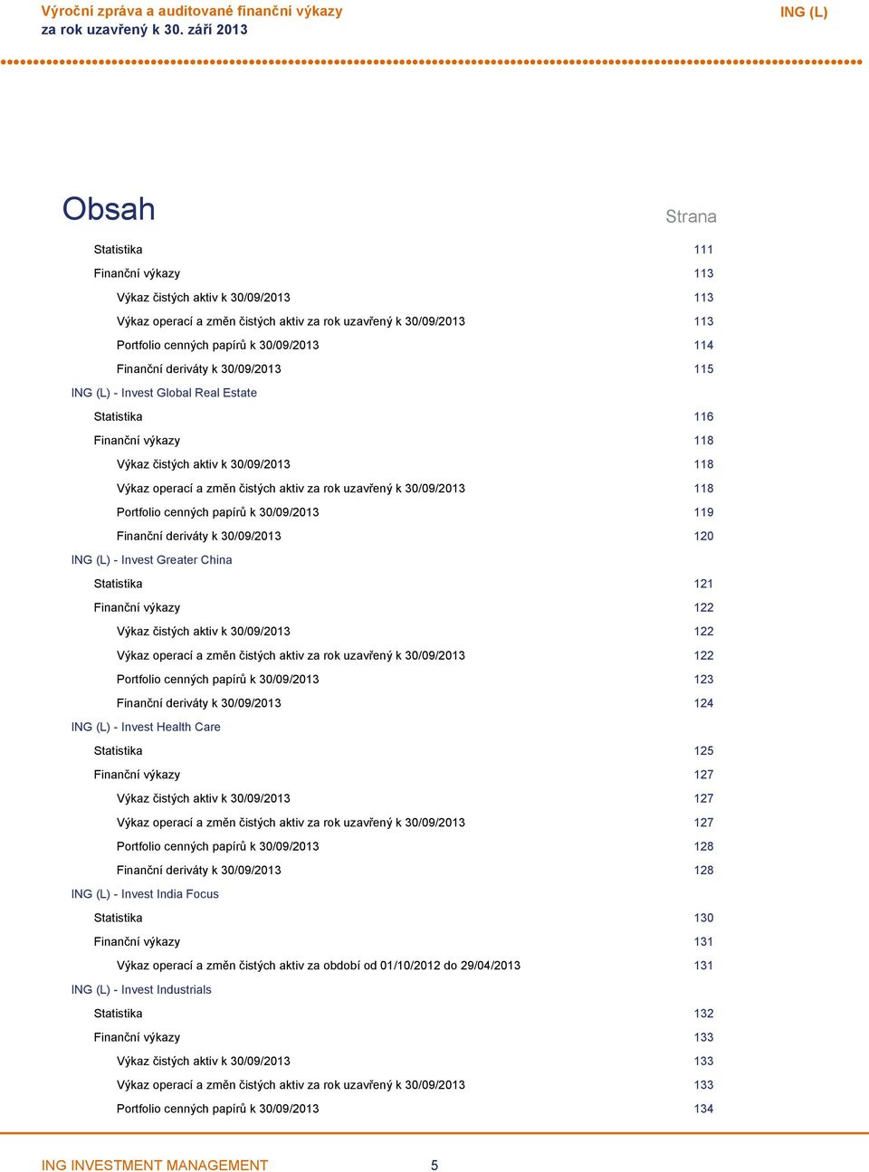 118 Portfolio cenných papírů k 30/09/2013 119 Finanční deriváty k 30/09/2013 120 Invest Greater China Statistika 121 Finanční výkazy 122 Výkaz čistých aktiv k 30/09/2013 122 Výkaz operací a změn