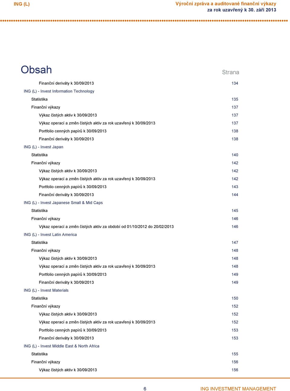 operací a změn čistých aktiv za rok uzavřený k 30/09/2013 142 Portfolio cenných papírů k 30/09/2013 143 Finanční deriváty k 30/09/2013 144 Invest Japanese Small & Mid Caps Statistika 145 Finanční