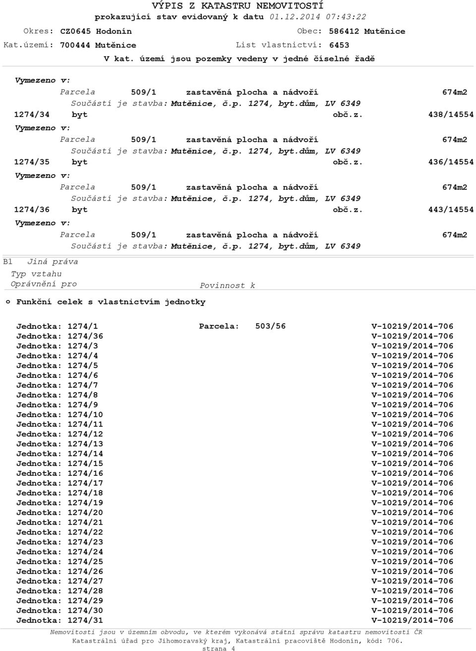 z. Vymezen v: Parcela 509/1 zastavěná plcha a nádvří Sučástí je stavba: Mutěnice, č.p. 1274, byt.