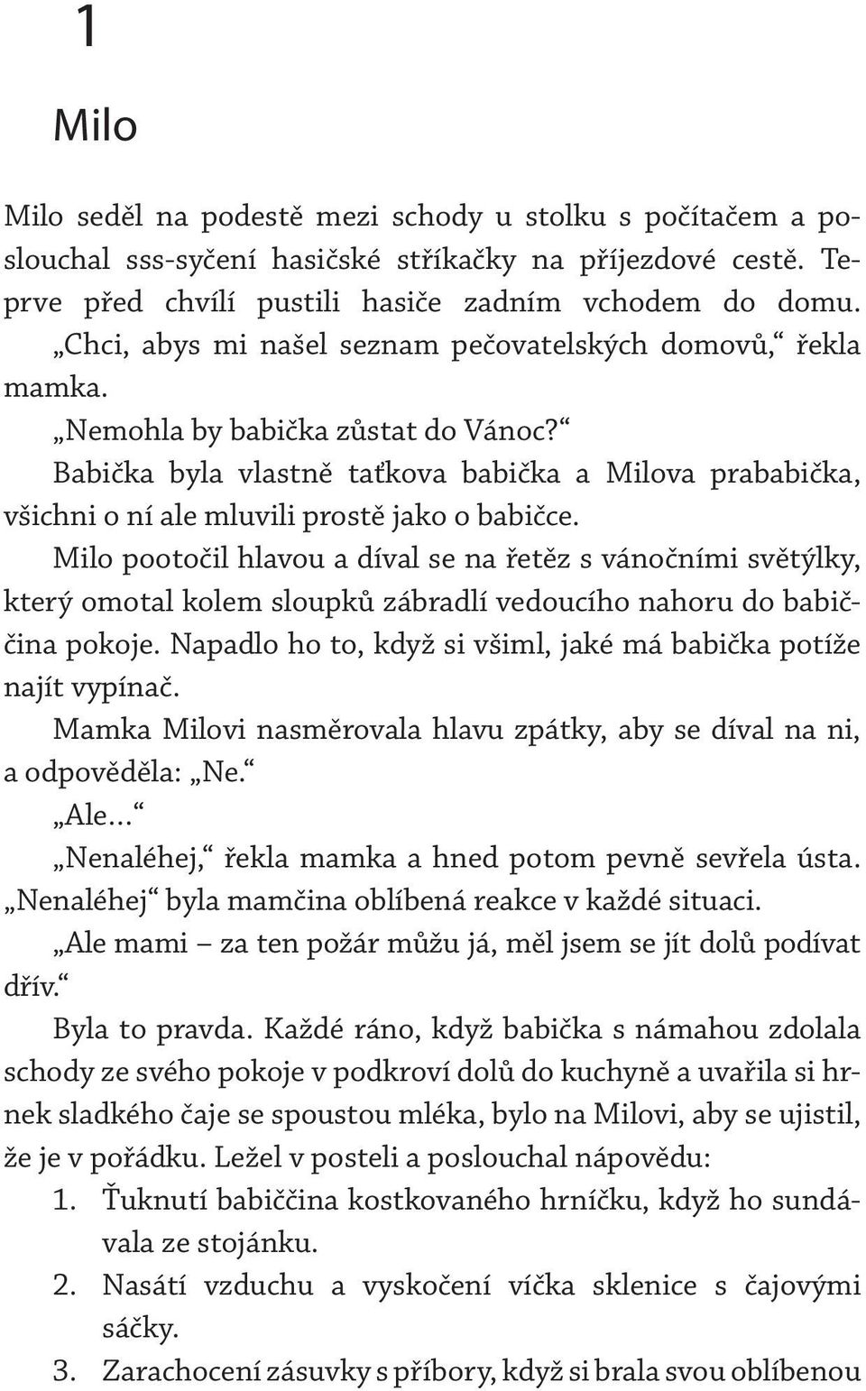 Teprve před chvílí pustili hasiče zadním vchodem do domu. Chci, abys mi našel seznam pečovatelských domovů, řekla mamka. Nemohla by babička zůstat do Vánoc?