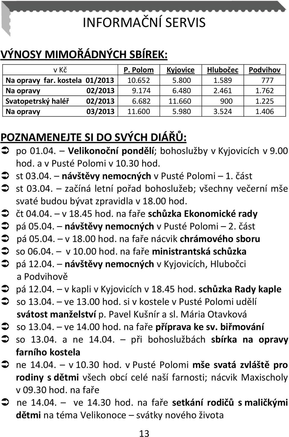 a v Pusté Polomi v 10.30 hod. st 03.04. návštěvy nemocných v Pusté Polomi 1. část st 03.04. začíná letní pořad bohoslužeb; všechny večerní mše svaté budou bývat zpravidla v 18.00 hod. čt 04.04. v 18.45 hod.