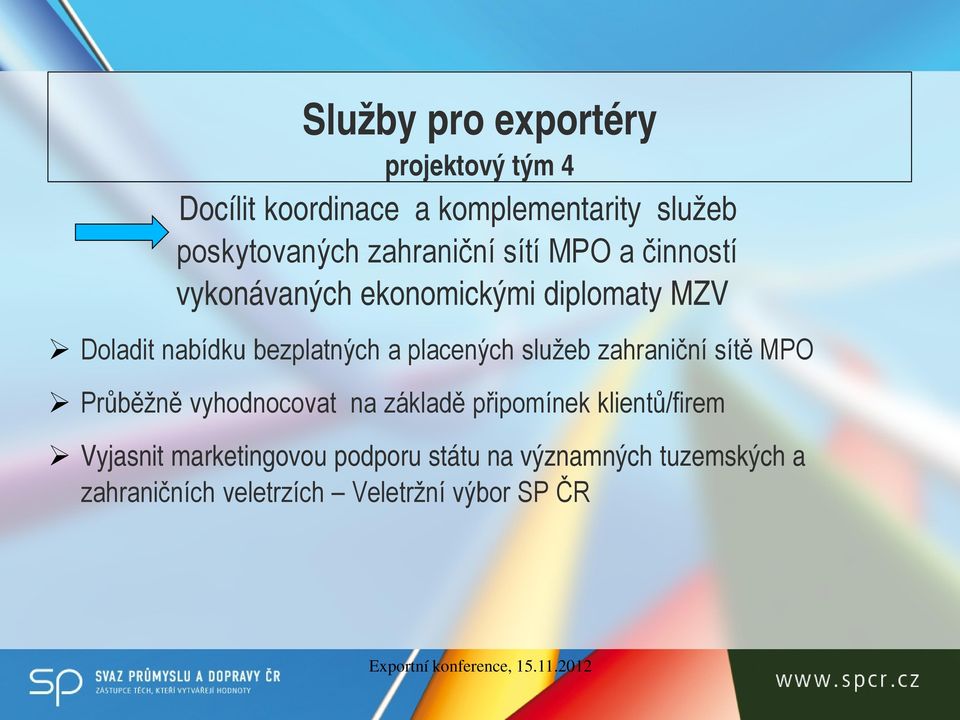 placených služeb zahraniční sítě MPO Průběžně vyhodnocovat na základě připomínek klientů/firem