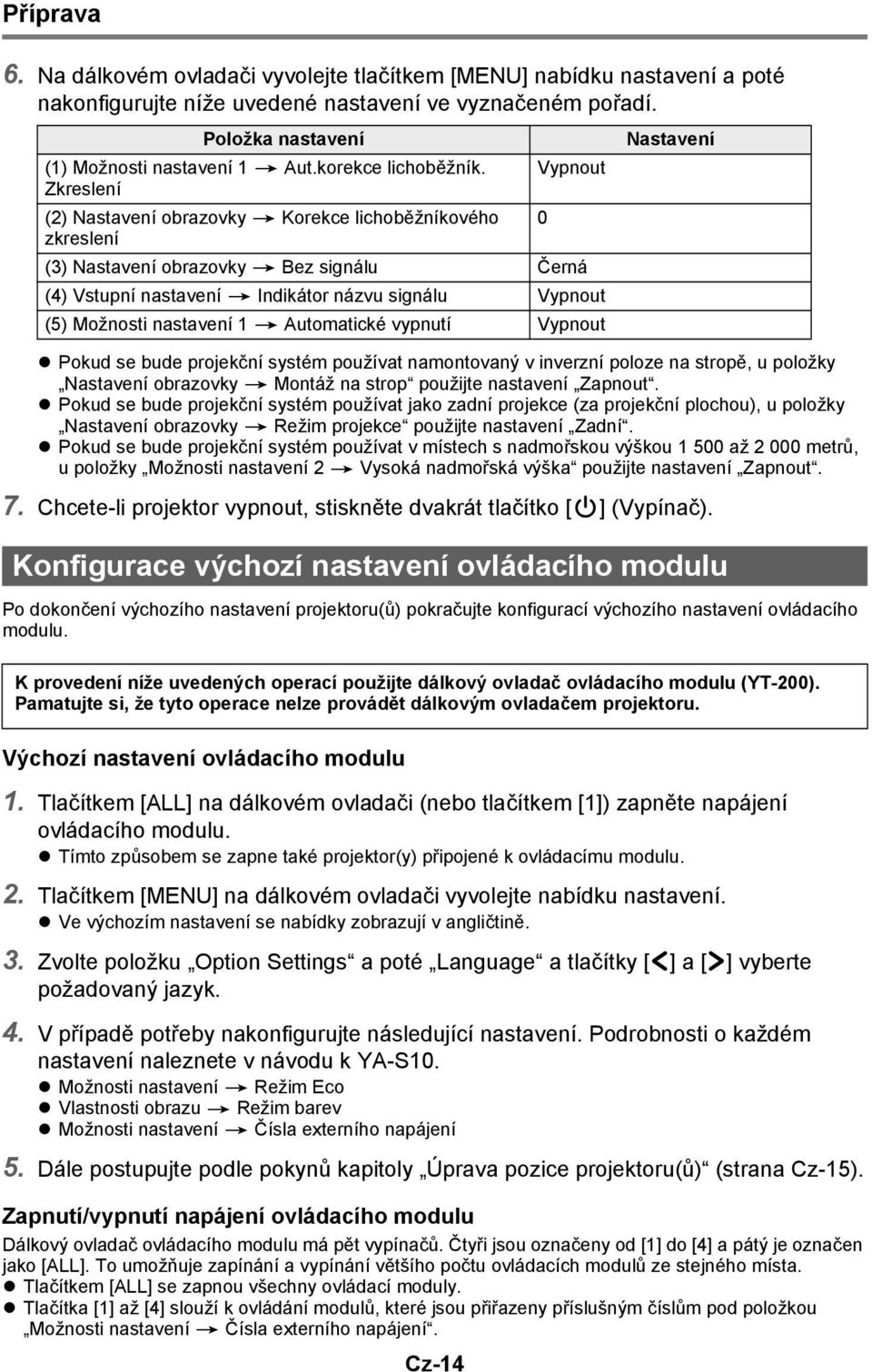 Zkreslení (2) Nastavení obrazovky 3 Korekce lichoběžníkového zkreslení Vypnout (3) Nastavení obrazovky 3 Bez signálu Černá (4) Vstupní nastavení 3 Indikátor názvu signálu Vypnout (5) Možnosti