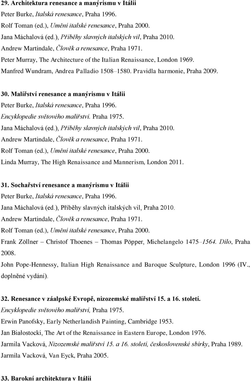 Manfred Wundram, Andrea Palladio 1508 1580. Pravidla harmonie, Praha 2009. 30. Malířství renesance a manýrismu v Itálii Peter Burke, Italská renesance, Praha 1996. Encyklopedie světového malířství.