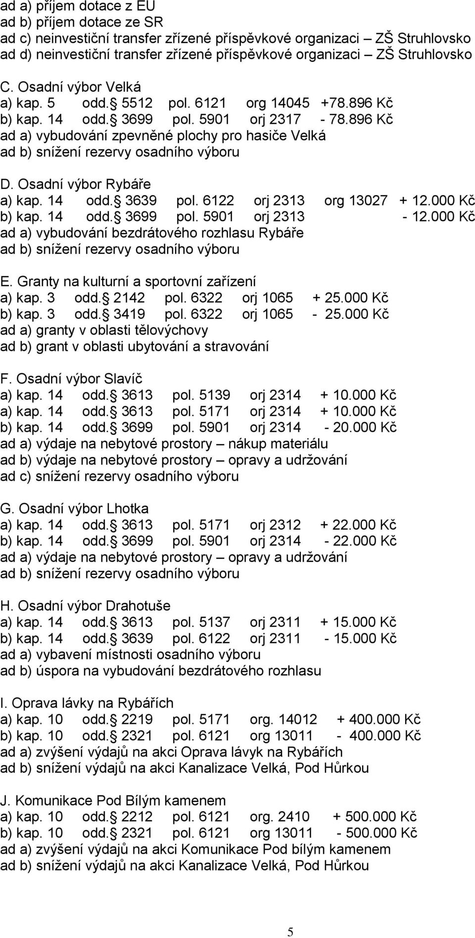 896 Kč ad a) vybudování zpevněné plochy pro hasiče Velká ad b) sníţení rezervy osadního výboru D. Osadní výbor Rybáře a) kap. 14 odd. 3639 pol. 6122 orj 2313 org 13027 + 12.000 Kč b) kap. 14 odd. 3699 pol.