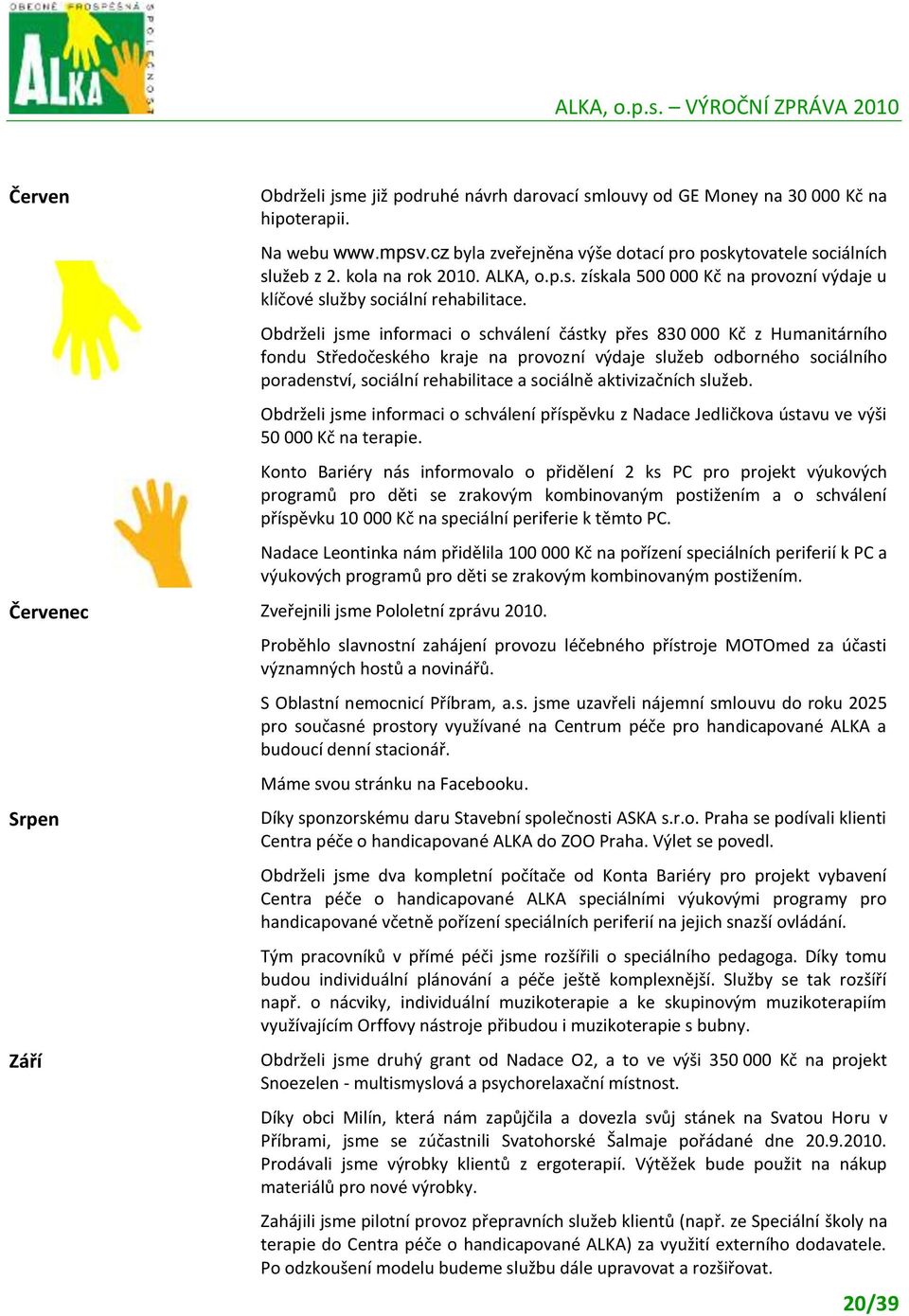 Obdrželi jsme informaci o schválení částky přes 830 000 Kč z Humanitárního fondu Středočeského kraje na provozní výdaje služeb odborného sociálního poradenství, sociální rehabilitace a sociálně