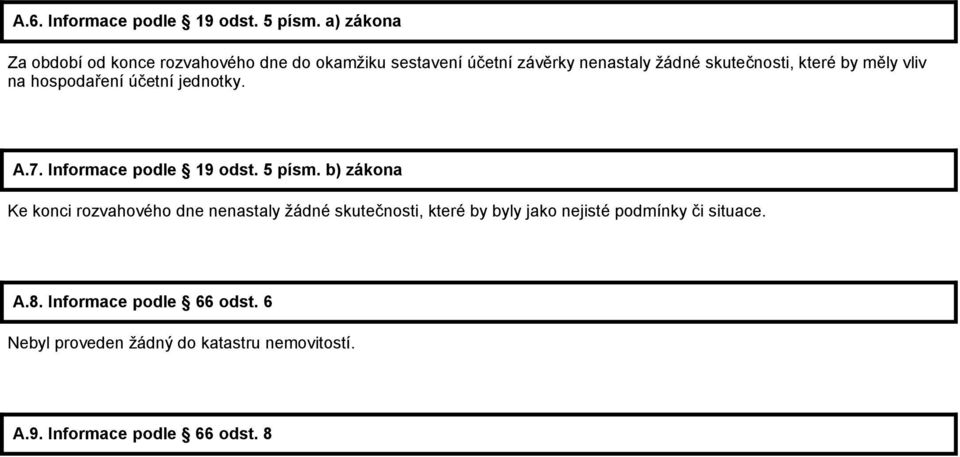 které by měly vliv na hospodaření účetní jednotky. A.7. Informace podle 19 odst. 5 písm.