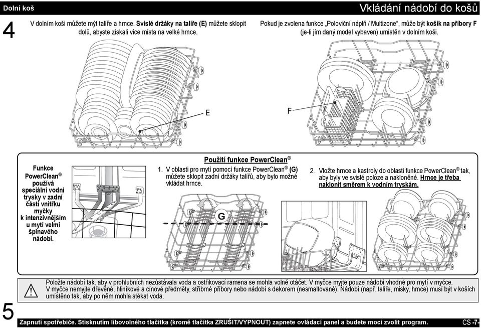 E F Funkce PowerClean používá speciální vodní trysky v zadní části vnitřku myčky kintenzivnějším u mytí velmi špinavého nádobí. Použití funkce PowerClean 1.
