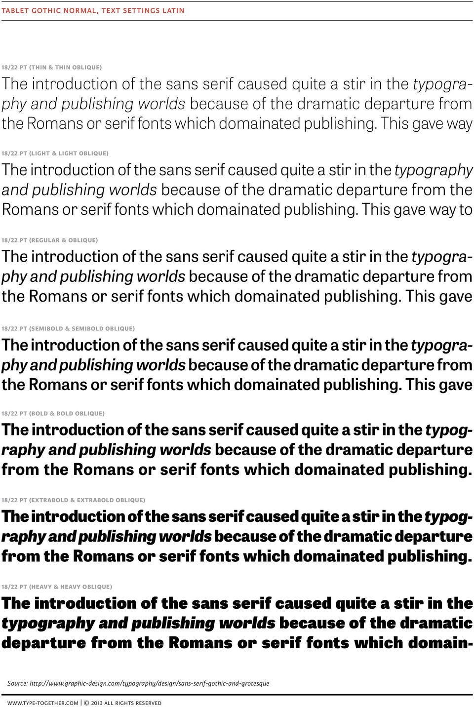 This gave way to 18/22 pt (regular & oblique) The introduction of the sans serif caused quite a stir in the typogra phy and publishing worlds because of the dramatic departure from the Romans or