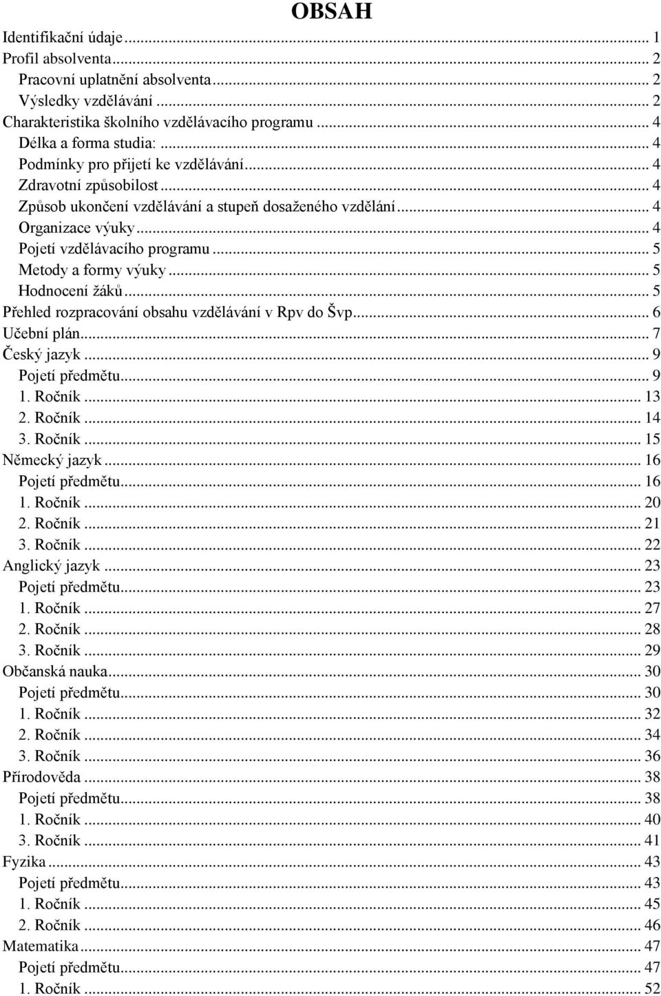 .. 5 Metody a formy výuky... 5 Hodnocení ţáků... 5 Přehled rozpracování obsahu vzdělávání v Rpv do Švp... 6 Učební plán... 7 Český jazyk... 9... 9 1. Ročník... 13 2. Ročník... 14 3. Ročník... 15 Německý jazyk.