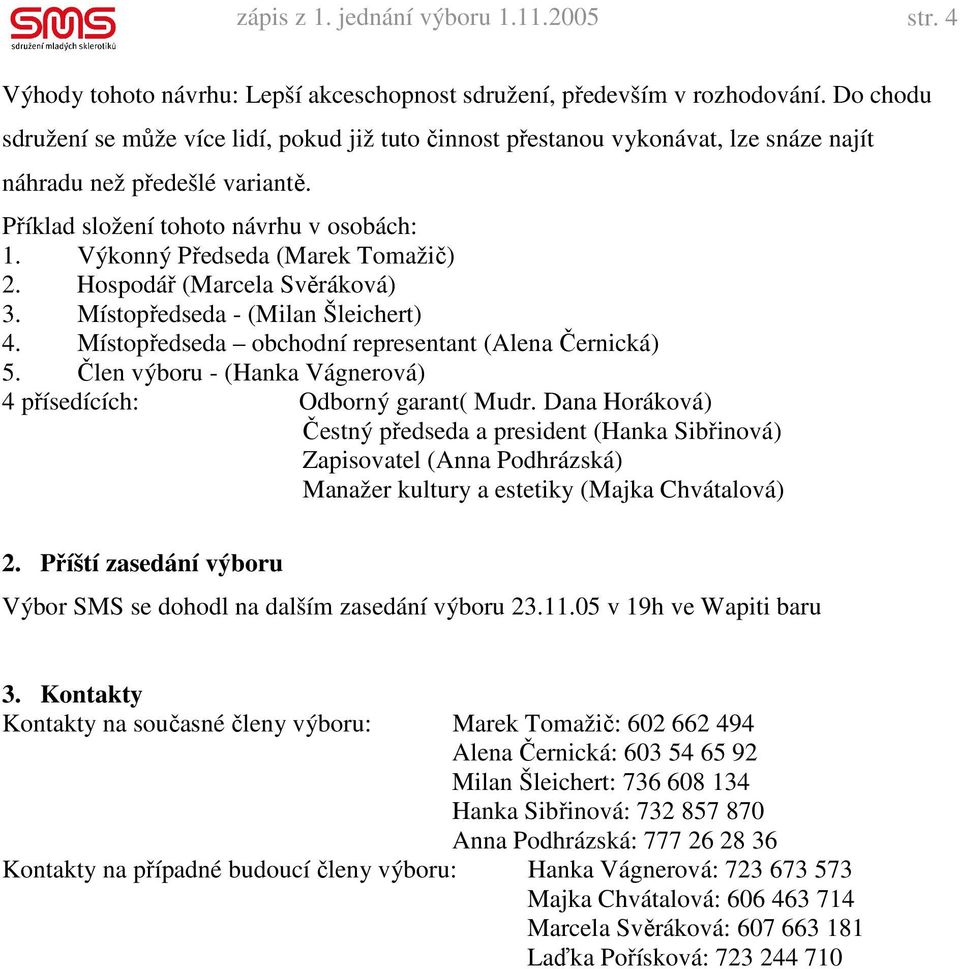 Výkonný Předseda (Marek Tomažič) 2. Hospodář (Marcela Svěráková) 3. Místopředseda - (Milan Šleichert) 4. Místopředseda obchodní representant (Alena Černická) 5.