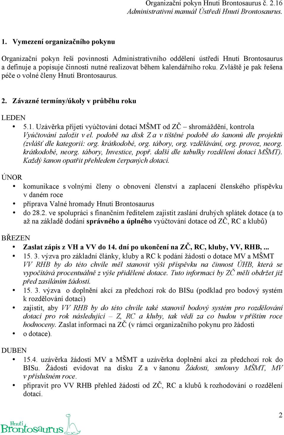 Uzávěrka přijetí vyúčtování dotací MŠMT od ZČ shromáždění, kontrola Vyúčtování založit v el. podobě na disk Z a v tištěné podobě do šanonů dle projektů (zvlášť dle kategorií: org. krátkodobé, org.