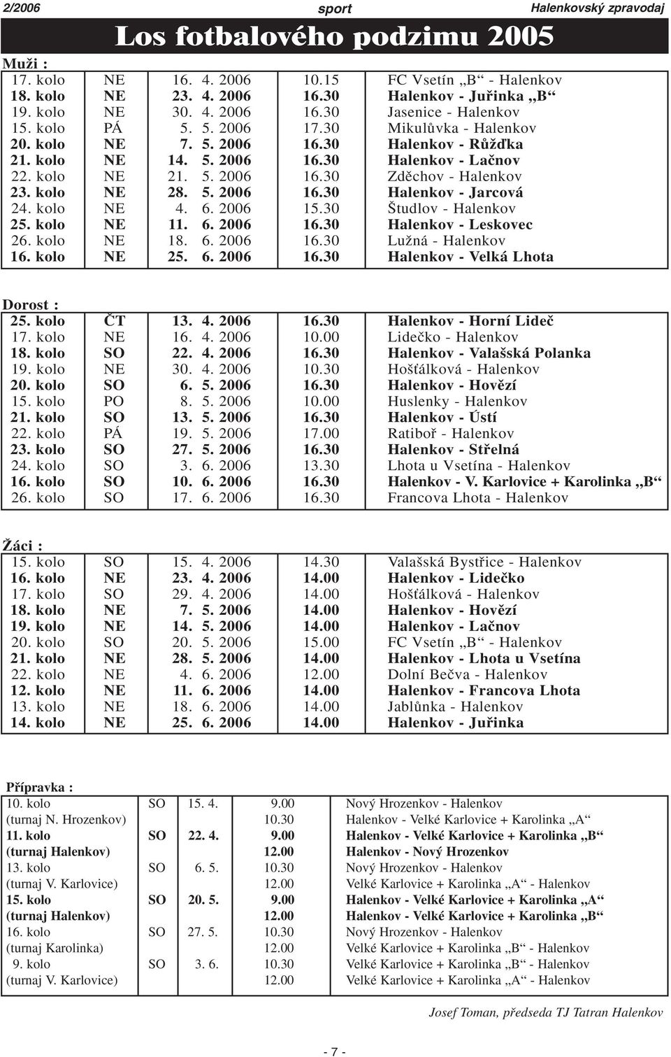 kolo NE 28. 5. 2006 16.30 Halenkov - Jarcová 24. kolo NE 4. 6. 2006 15.30 tudlov - Halenkov 25. kolo NE 11. 6. 2006 16.30 Halenkov - Leskovec 26. kolo NE 18. 6. 2006 16.30 LuÏná - Halenkov 16.