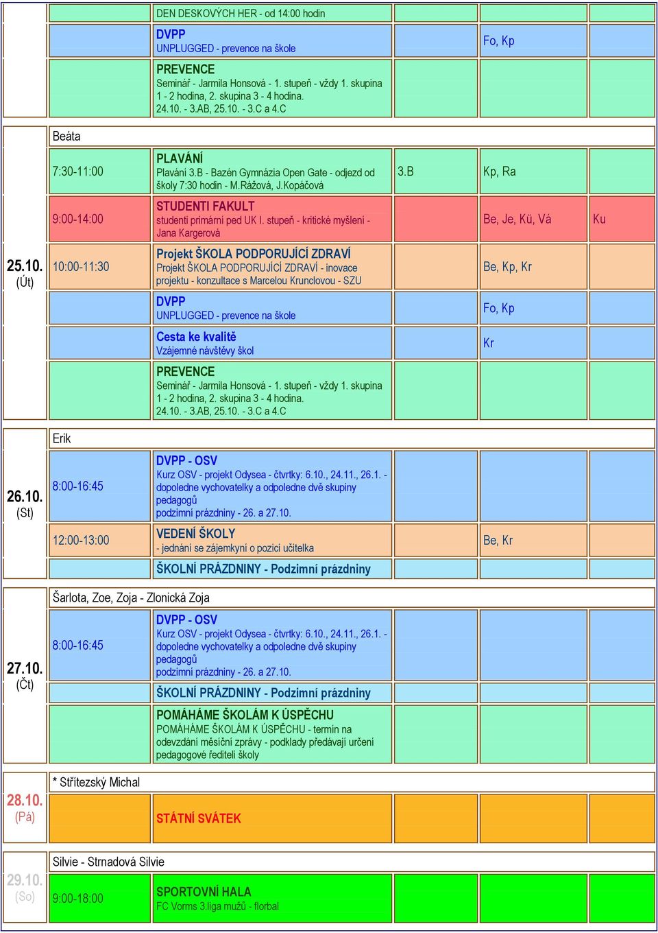 10:00-11:30 Projekt ŠKOLA PODPORUJÍCÍ ZDRAVÍ Projekt ŠKOLA PODPORUJÍCÍ ZDRAVÍ - inovace projektu - konzultace s Marcelou Krunclovou - SZU UNPLUGGED - prevence na škole, Kp, Kr Cesta ke kvalitě