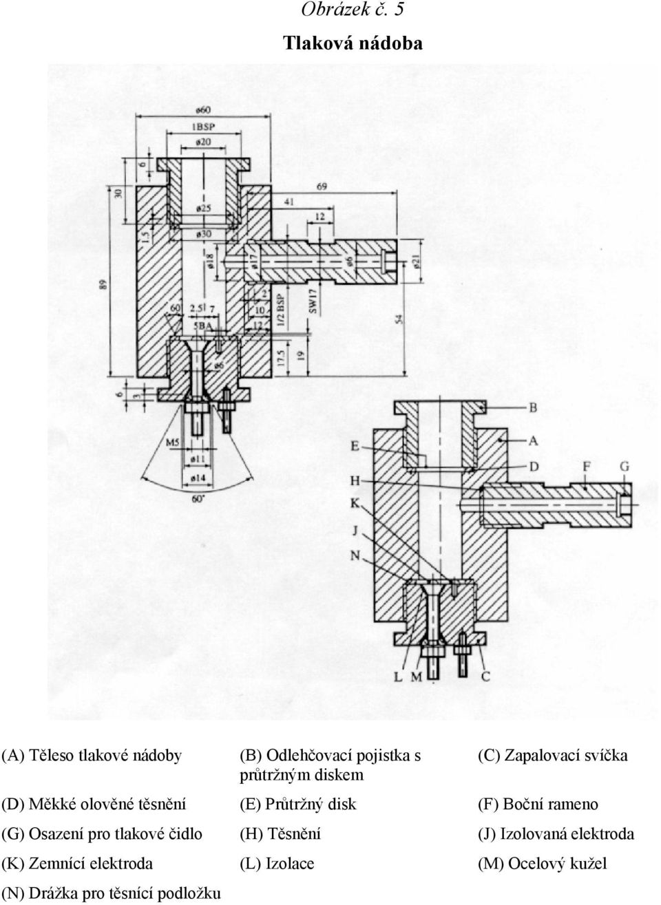 diskem (C) Zapalovací svíčka (D) Měkké olověné těsnění (E) Průtržný disk (F) Boční