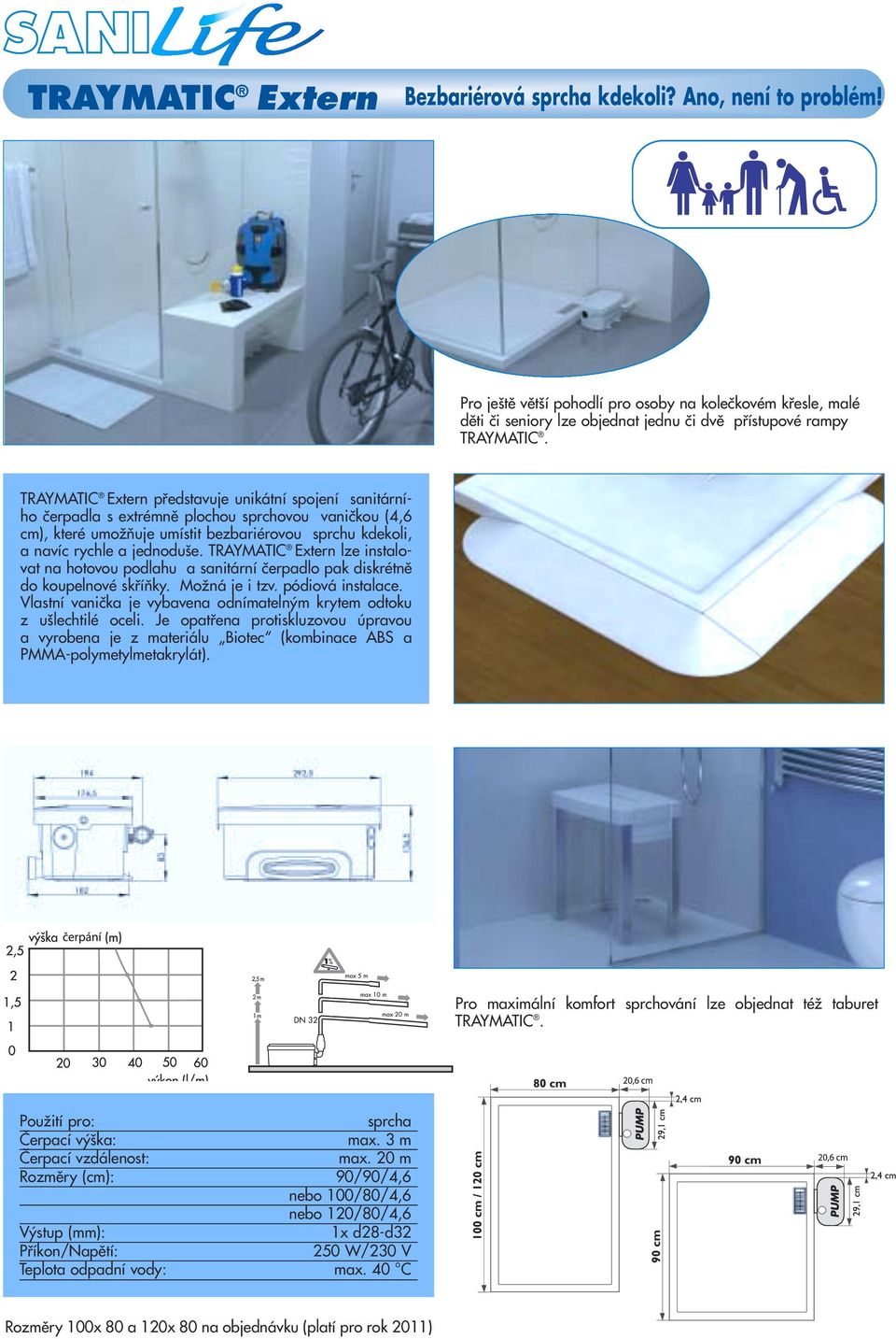 TRAYMATIC Extern lze instalovat na hotovou podlahu a sanitární ãerpadlo pak diskrétnû do koupelnové skfiíàky. MoÏná je i tzv. pódiová instalace.