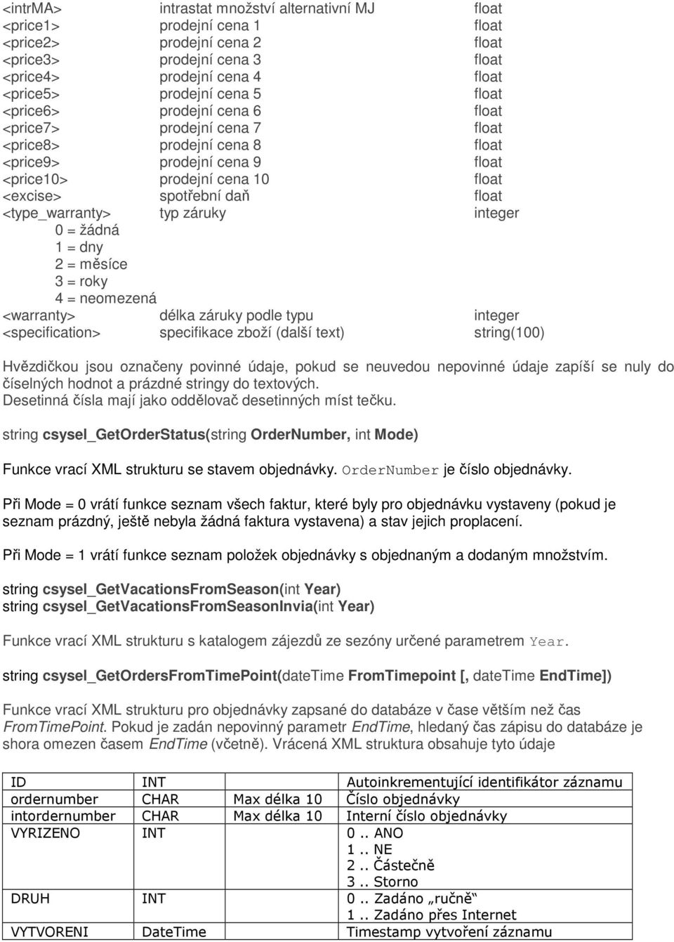 <type_warranty> typ záruky integer 0 = žádná 1 = dny 2 = měsíce 3 = roky 4 = neomezená <warranty> délka záruky podle typu integer <specification> specifikace zboží (další text) string(100) Hvězdičkou