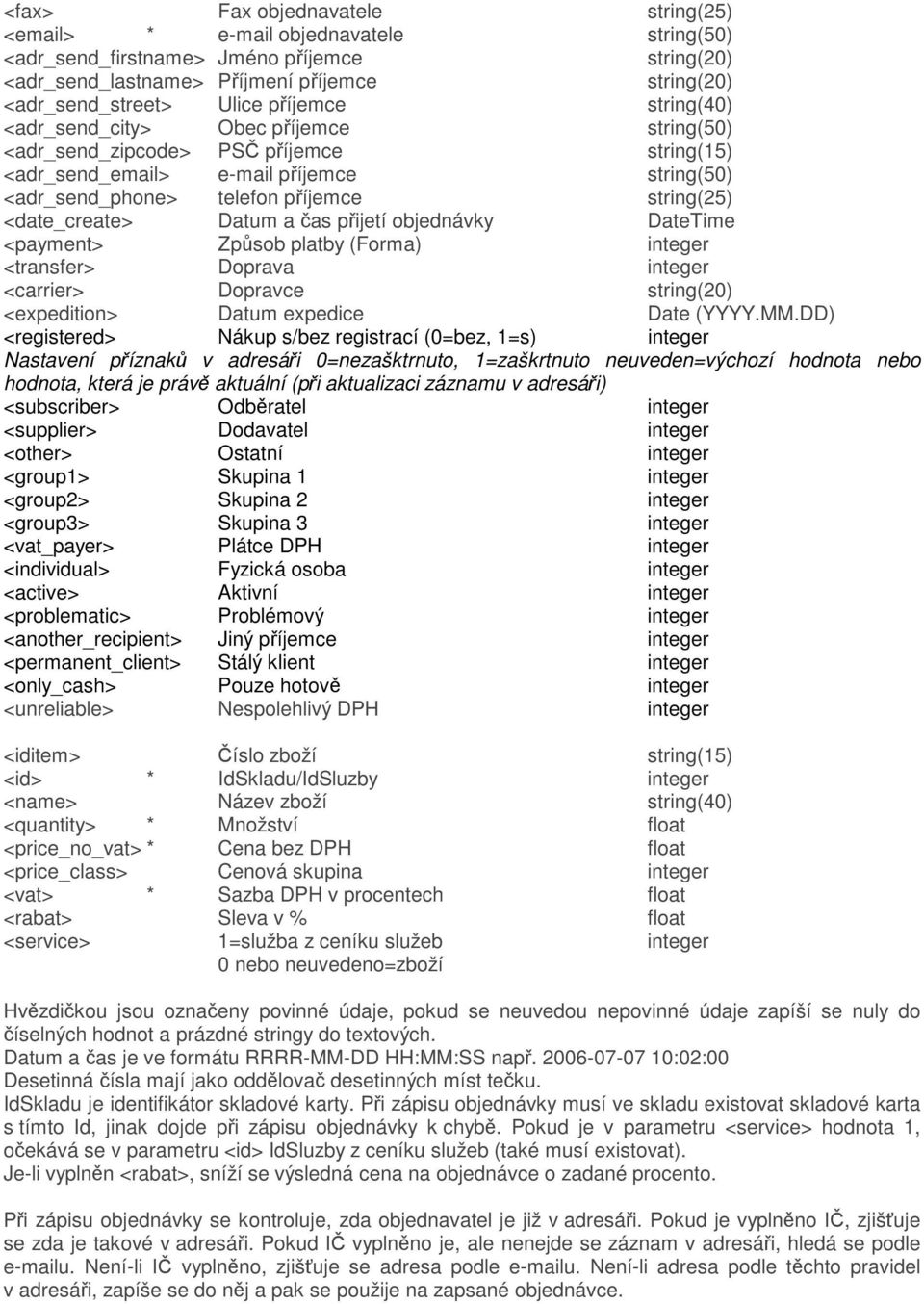<date_create> Datum a čas přijetí objednávky DateTime <payment> Způsob platby (Forma) integer <transfer> Doprava integer <carrier> Dopravce string(20) <expedition> Datum expedice Date (YYYY.MM.
