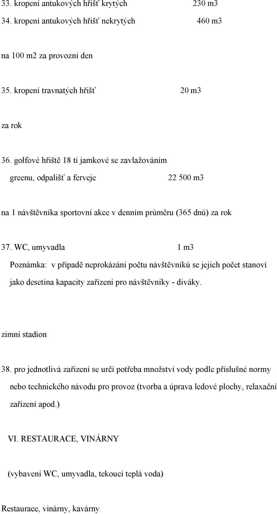 WC, umyvadla 1 m3 Poznámka: v případě neprokázání počtu návštěvníků se jejich počet stanoví jako desetina kapacity zařízení pro návštěvníky - diváky. zimní stadion 38.