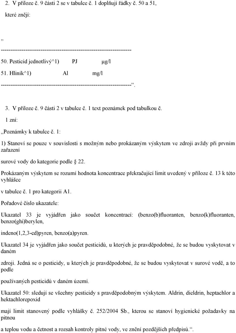 1: 1) Stanoví se pouze v souvislosti s možným nebo prokázaným výskytem ve zdroji avždy při prvním zařazení surové vody do kategorie podle 22.