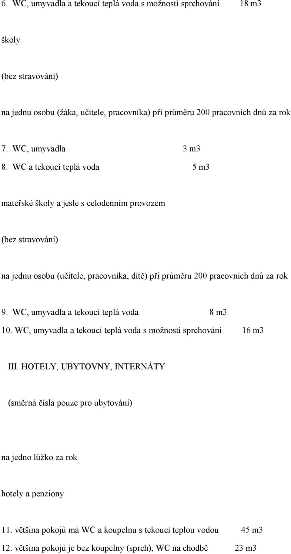 WC a tekoucí teplá voda 5 m3 mateřské školy a jesle s celodenním provozem (bez stravování) na jednu osobu (učitele, pracovníka, dítě) při průměru 200 pracovních dnů za rok 9.