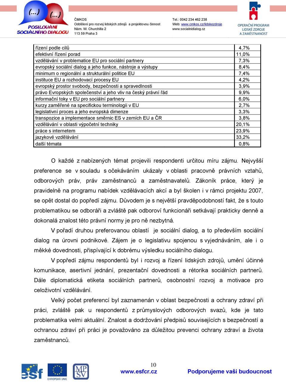 informační toky v EU pro sociální partnery 6, kurzy zaměřené na specifickou terminologii v EU 2,7% legislativní proces a jeho evropská dimenze 3,3% transpozice a implementace směrnic ES v zemích EU a