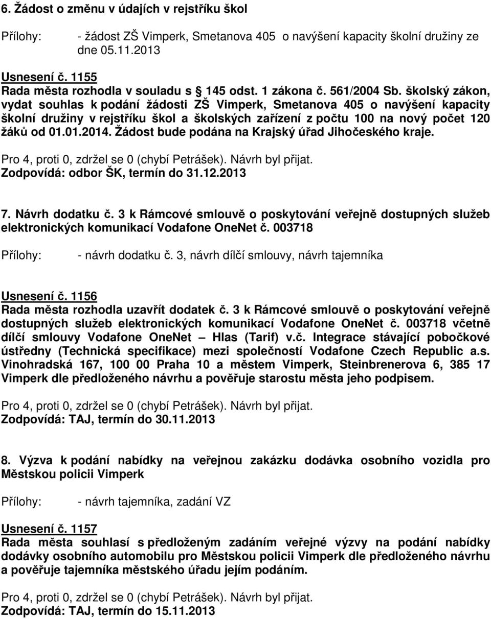školský zákon, vydat souhlas k podání žádosti ZŠ Vimperk, Smetanova 405 o navýšení kapacity školní družiny v rejstříku škol a školských zařízení z počtu 100 na nový počet 120 žáků od 01.01.2014.