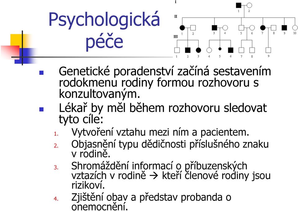 Vytvoření vztahu mezi ním a pacientem. 2. Objasnění typu dědičnosti příslušného znaku v rodině. 3.