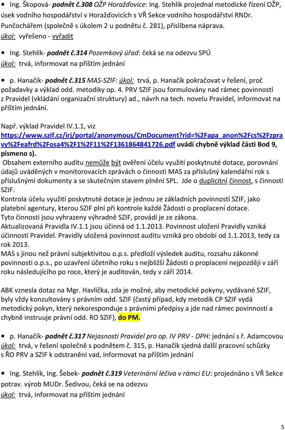 315 MAS-SZIF: úkol: trvá, p. Hanačík pokračovat v řešení, proč požadavky a výklad odd. metodiky op. 4. PRV SZIF jsou formulovány nad rámec povinností z Pravidel (vkládání organizační struktury) ad.