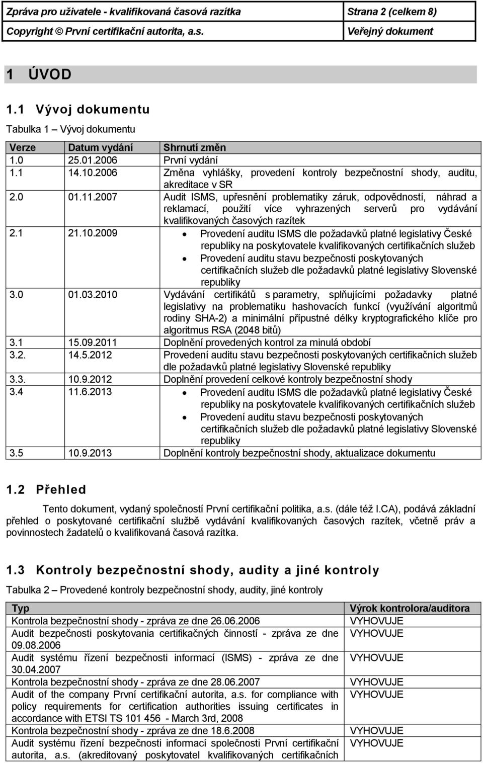 2007 Audit ISMS, upřesnění problematiky záruk, odpovědností, náhrad a reklamací, použití více vyhrazených serverů pro vydávání kvalifikovaných časových razítek 2.1 21.10.