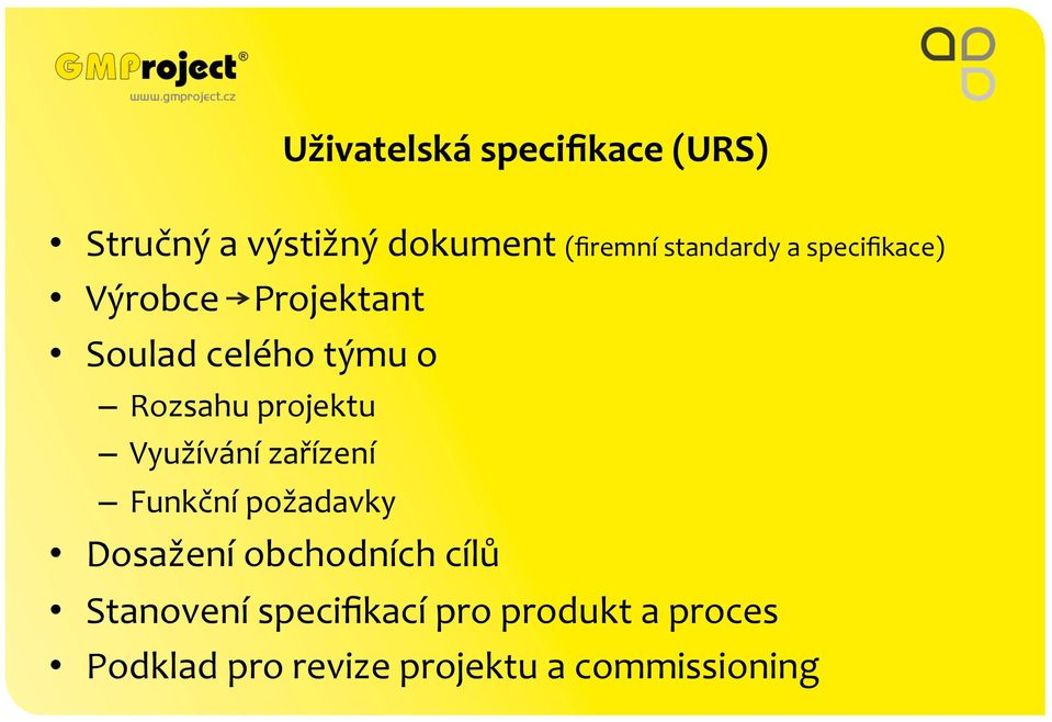 projektu Využívání zařízení Funkční požadavky Dosažení obchodních cílů