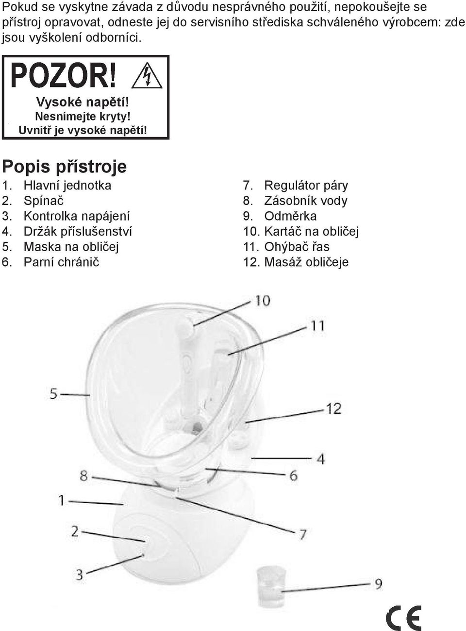 Uvnitř je vysoké napětí! Popis přístroje 1. Hlavní jednotka 2. Spínač 3. Kontrolka napájení 4. Držák příslušenství 5.