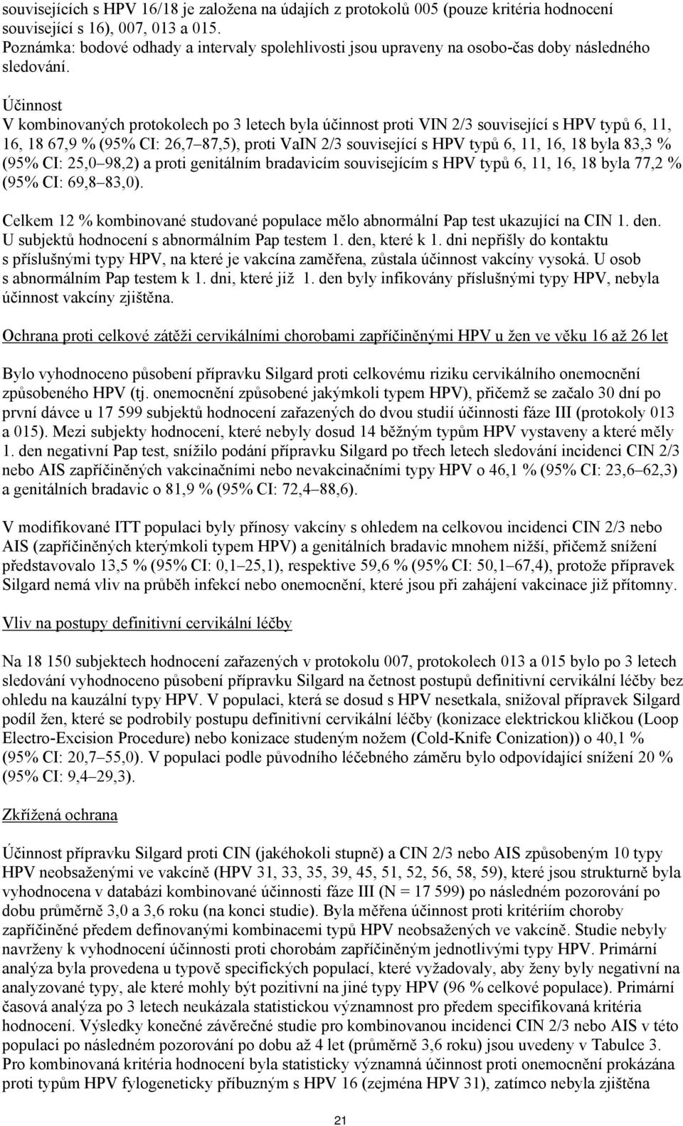 Účinnost V kombinovaných protokolech po 3 letech byla účinnost proti VIN 2/3 související s HPV typů 6, 11, 16, 18 67,9 % (95% CI: 26,7 87,5), proti VaIN 2/3 související s HPV typů 6, 11, 16, 18 byla