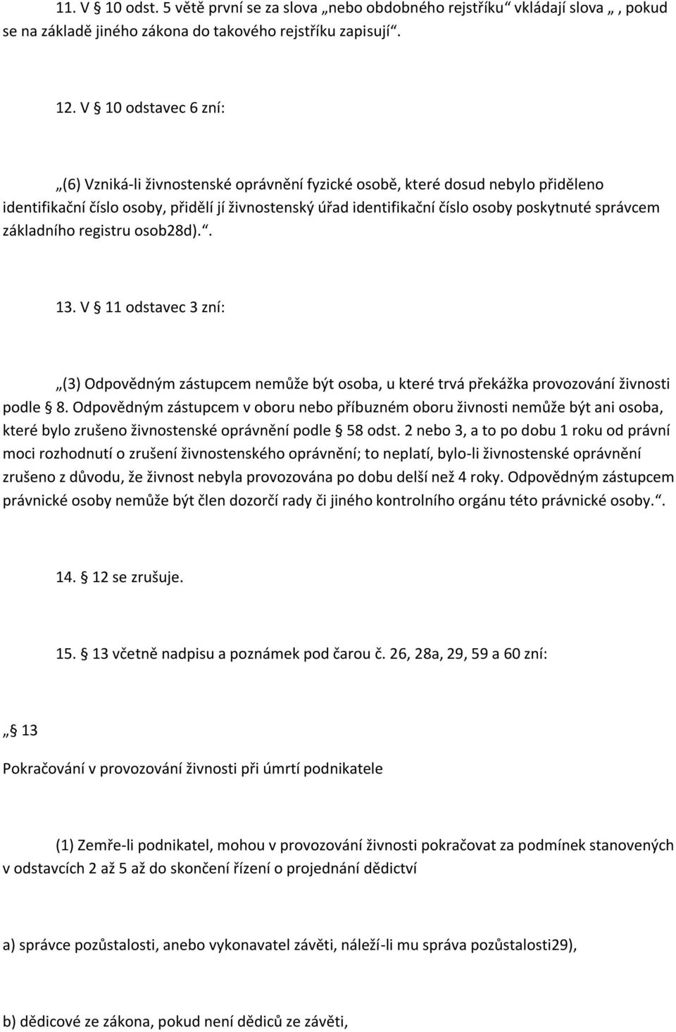 správcem základního registru osob28d).. 13. V 11 odstavec 3 zní: (3) Odpovědným zástupcem nemůže být osoba, u které trvá překážka provozování živnosti podle 8.