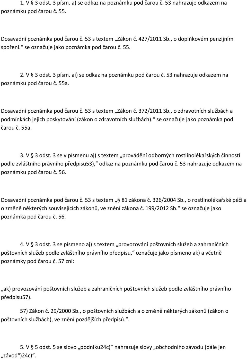 Dosavadní poznámka pod čarou č. 53 s textem Zákon č. 372/2011 Sb., o zdravotních službách a podmínkách jejich poskytování (zákon o zdravotních službách). se označuje jako poznámka pod čarou č. 55a. 3. V 3 odst.