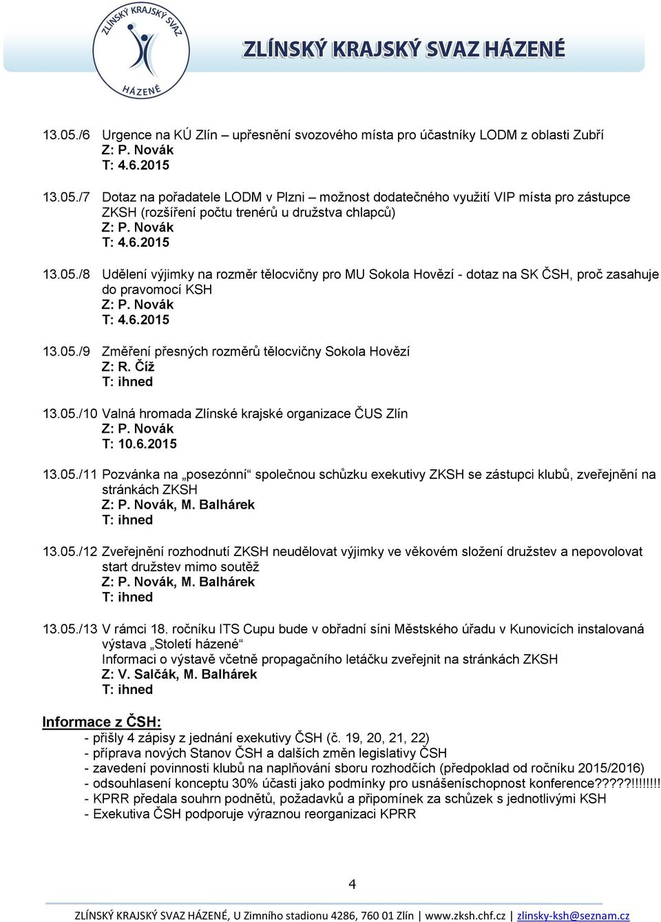 6.2015 13.05./11 Pozvánka na posezónní společnou schůzku exekutivy ZKSH se zástupci klubů, zveřejnění na stránkách ZKSH, M. Balhárek 13.05./12 Zveřejnění rozhodnutí ZKSH neudělovat výjimky ve věkovém složení družstev a nepovolovat start družstev mimo soutěž, M.